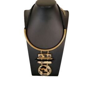 Chico's Black Gold Tone Cheetah Print Acrylic Pendant Necklace Reversible 26 in.